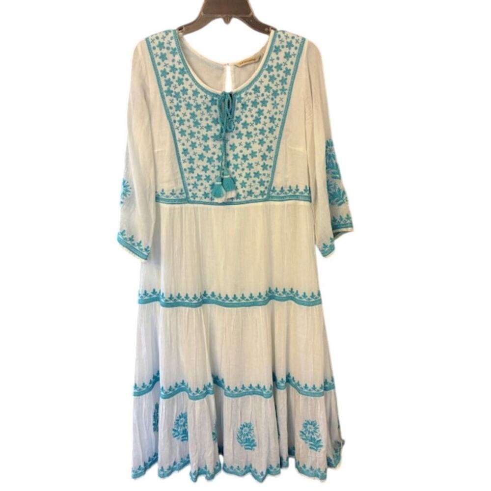 Soft Surroundings Juniper White with Blue Embroidered Juniper Dress Size Small